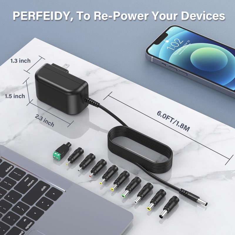 PERFEIDY UL Listed 12V 1A 0.8A 0.5A Power Supply 12W Charger AC Adapter 12.0V 1000mA 800mA 600mA 500mA 300mA Regulated 12 Volt DC Switching Power Cord Plug with 10 Interchangeable Jacks PERFEIDY - Image 4